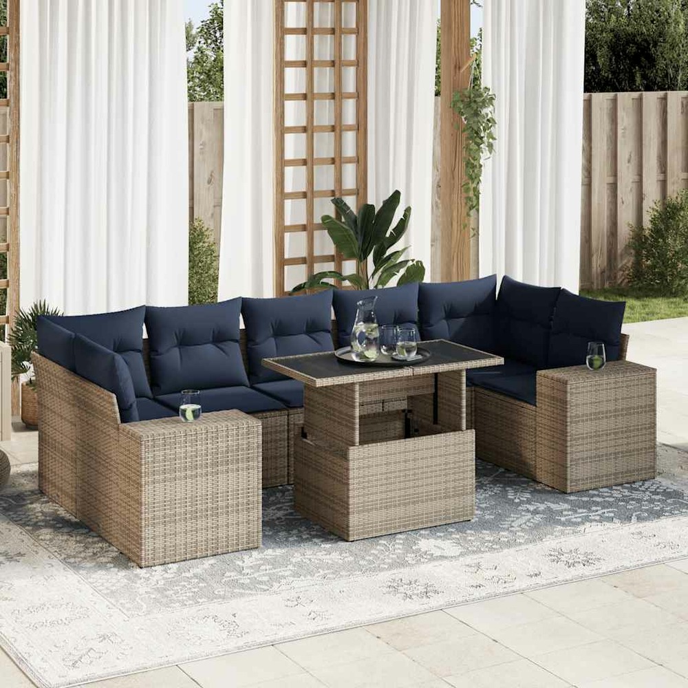 Salon de jardin avec coussins 8 pcs gris résine tressée acacia