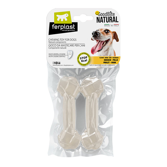 Ferplast goodbite natural m jouet os pour l'hygiène dentaire, saveur de poulet, chien moyen (8-16 kg), naturel, 2 pièces de 70g