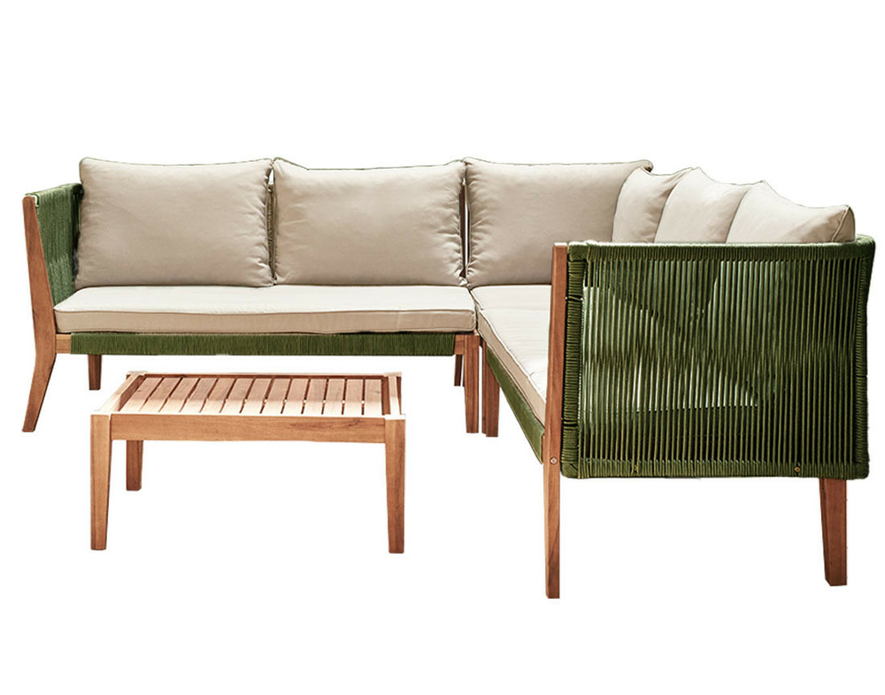 Papua - salon de jardin en bois et corde kaki - 5 places - coussins beige