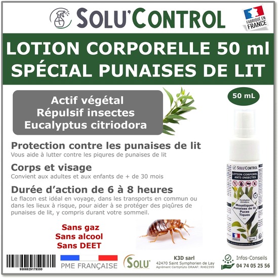 Solu'control lotion repulsive anti punaise de lit 50 ml - special piqures - protection 6-8h - sans deet - corps et visage