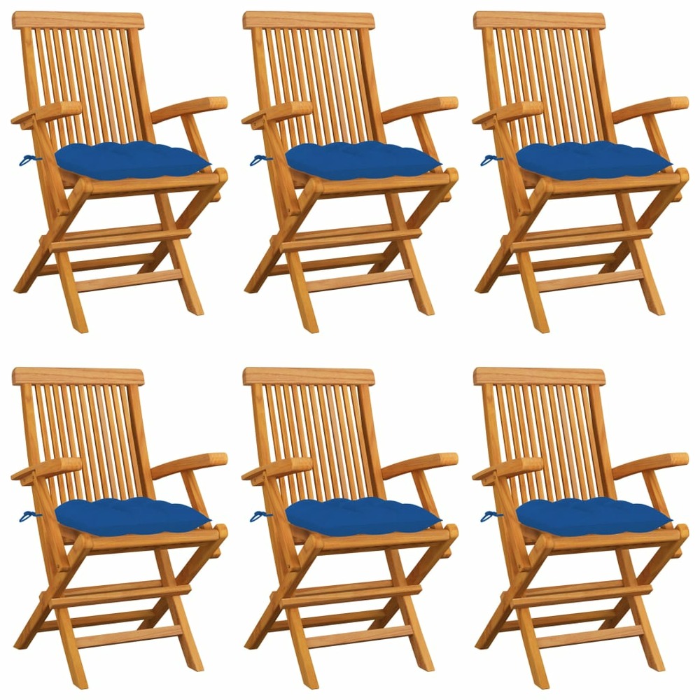 Chaises de jardin avec coussins bleu lot de 6 bois teck massif