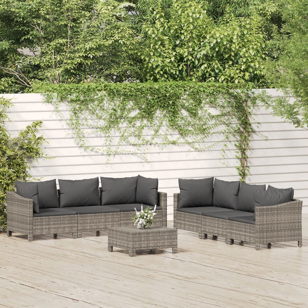 Salon de jardin 7 pcs avec coussins gris résine tressée