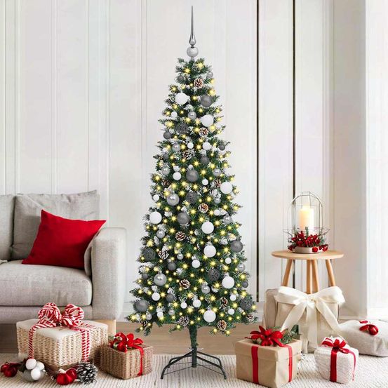 Grand sapin de noël lumineux 180 cm, artificiel vert effet neige tout décoré