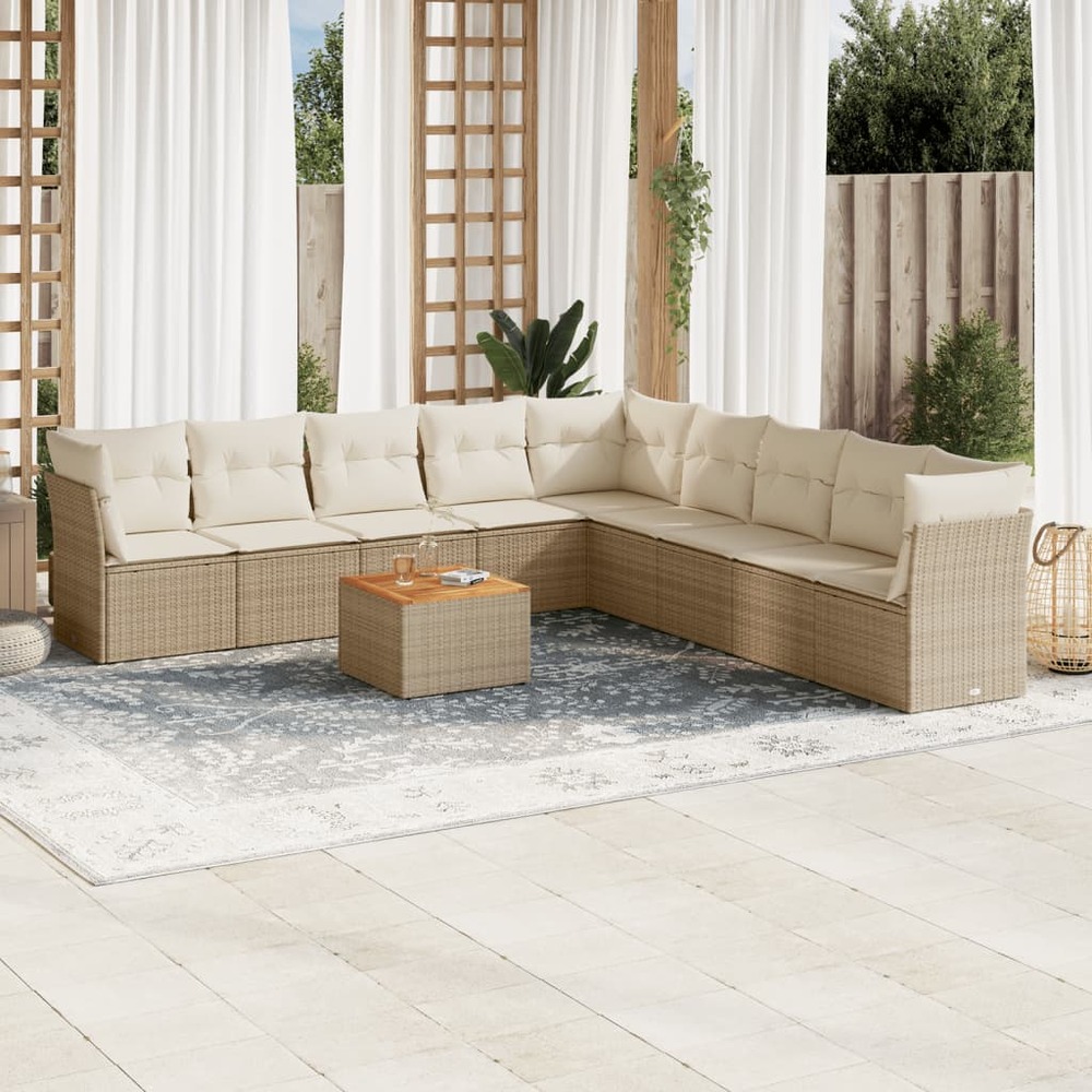 Salon de jardin avec coussins 10 pcs beige résine tressée