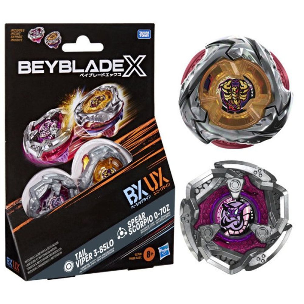 X dual pack spear scorpio 0-70z ux et tail viper 3-85lo bx, 2 toupies de combat takara tomy a rotation droite, des 8