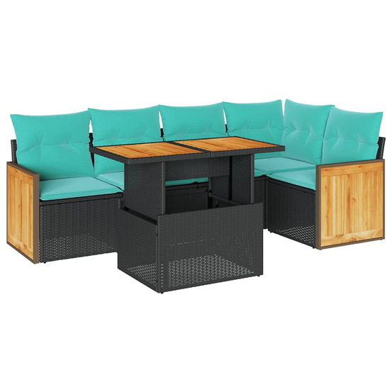 Salon de jardin 6 pcs avec coussins noir résine tressée acacia