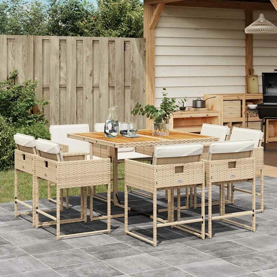 Ensemble à manger de jardin et coussins 9 pcs beige poly rotin