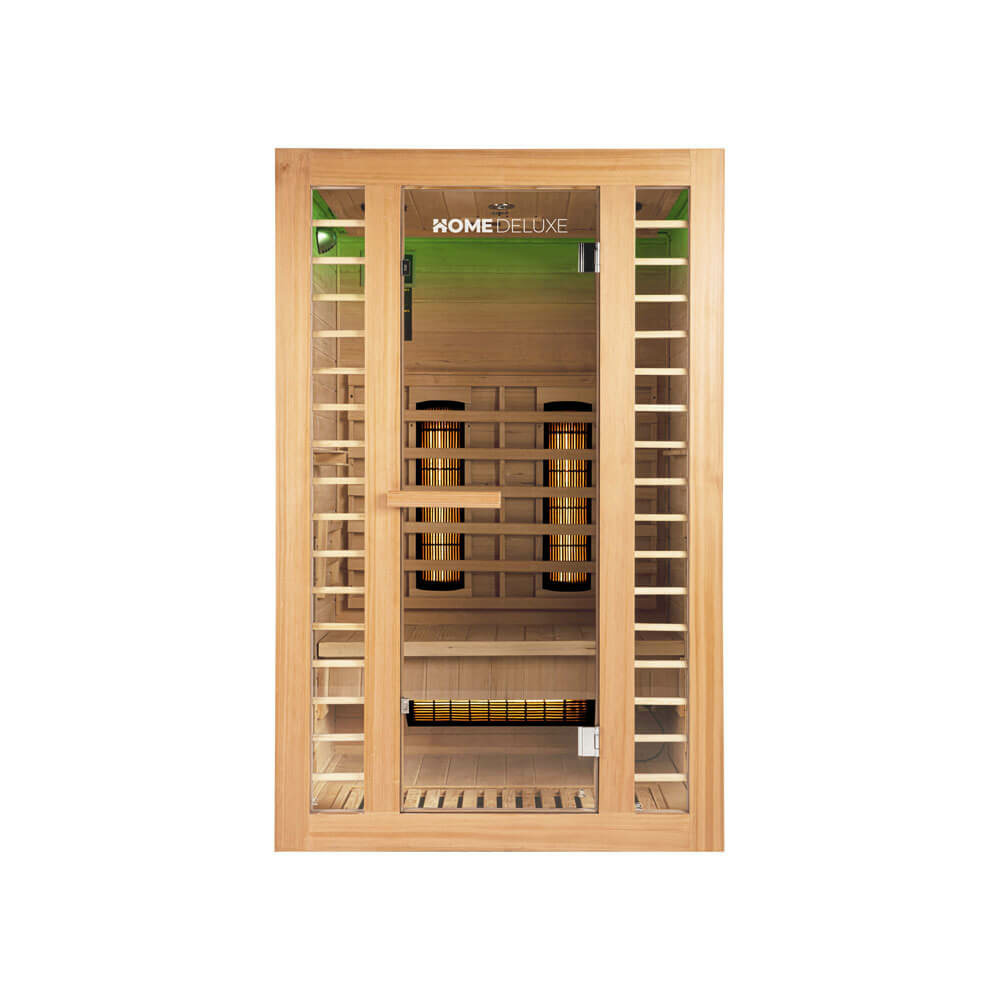 Home deluxe – cabine infrarouge redsun m deluxe – 120 x 105 x 190 cm - pour 2 personnes, 5 émetteurs à spectre complet, bois :