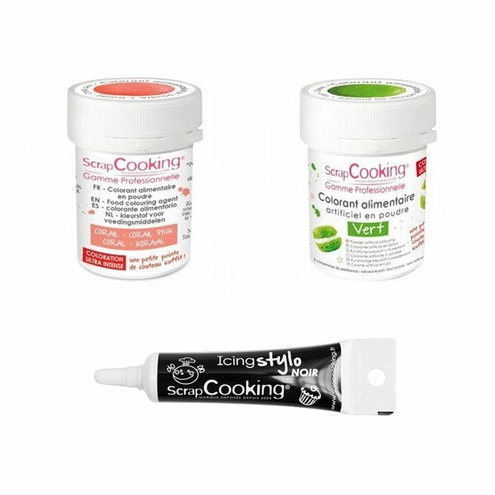 2 colorants alimentaires corail-vert + stylo glaçage noir