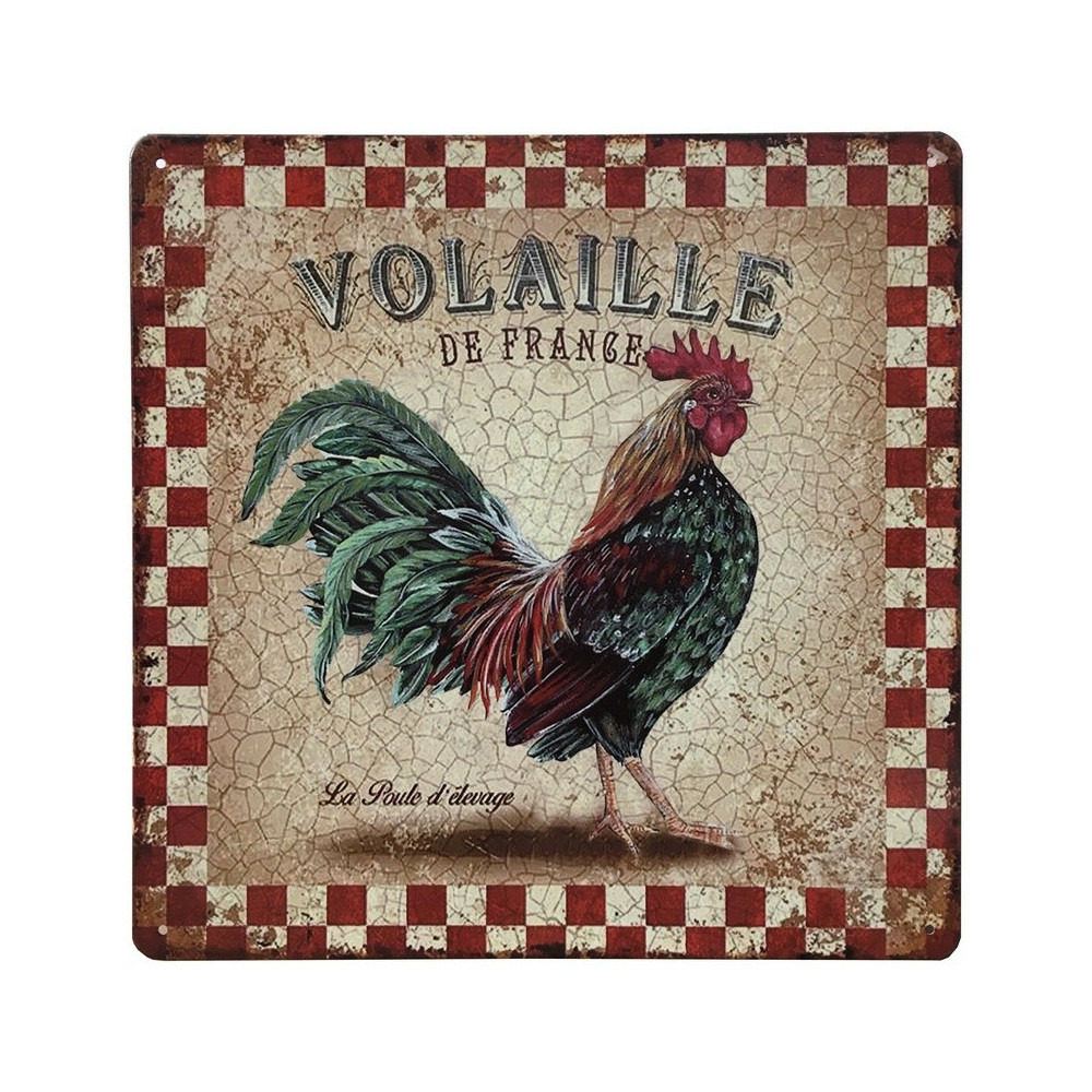 Plaque murale décorative vintage métal multicolore volaille 30x30cm