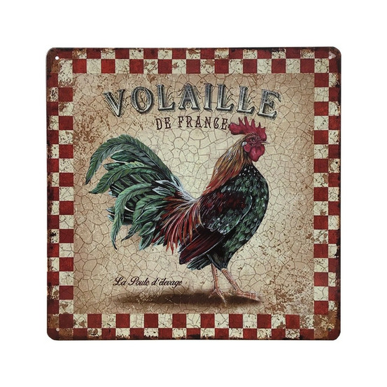 Plaque murale décorative vintage métal multicolore volaille 30x30cm