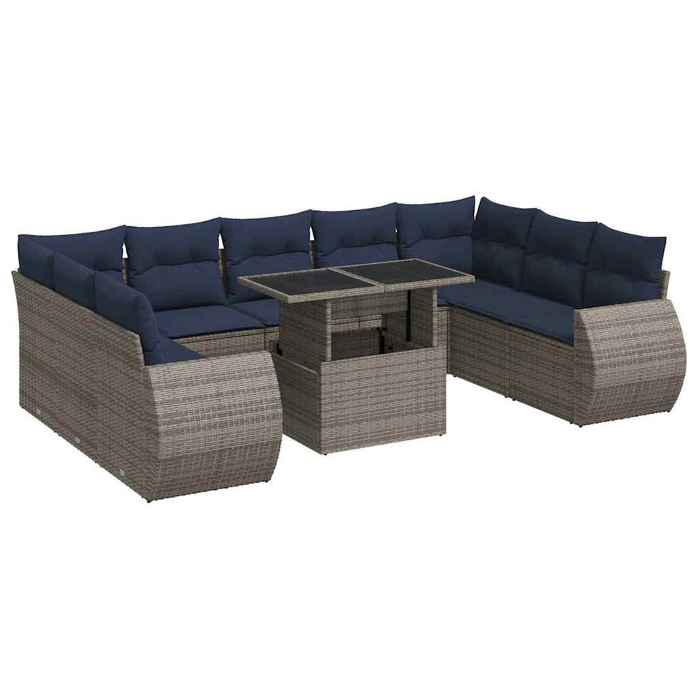 Salon de jardin avec coussins 10 pcs gris résine tressée acacia