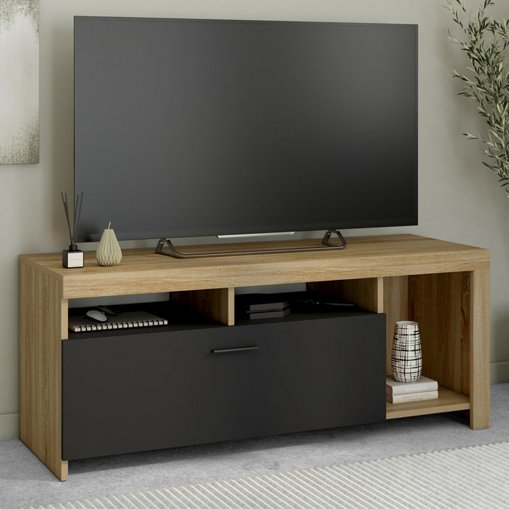 Meuble tv 110 cm malo bois et placard noir