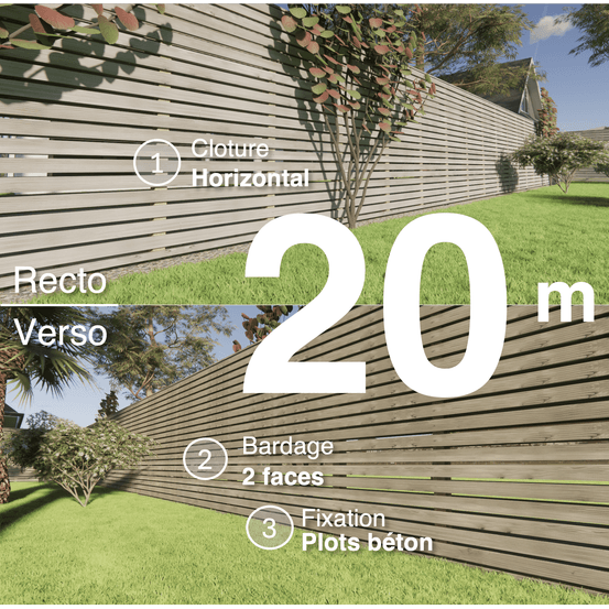 Kit clôture bois moderne 20m – h 1,9m – 20 x 70 mm autoclave gris – pose horizontal – double face – à sceller
