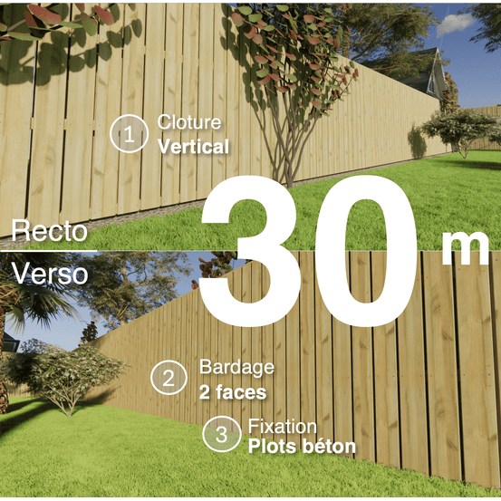 Kit clôture bois moderne 30m – h 1,9m – 21 x 145 mm autoclave vert – pose vertical – double face – à sceller