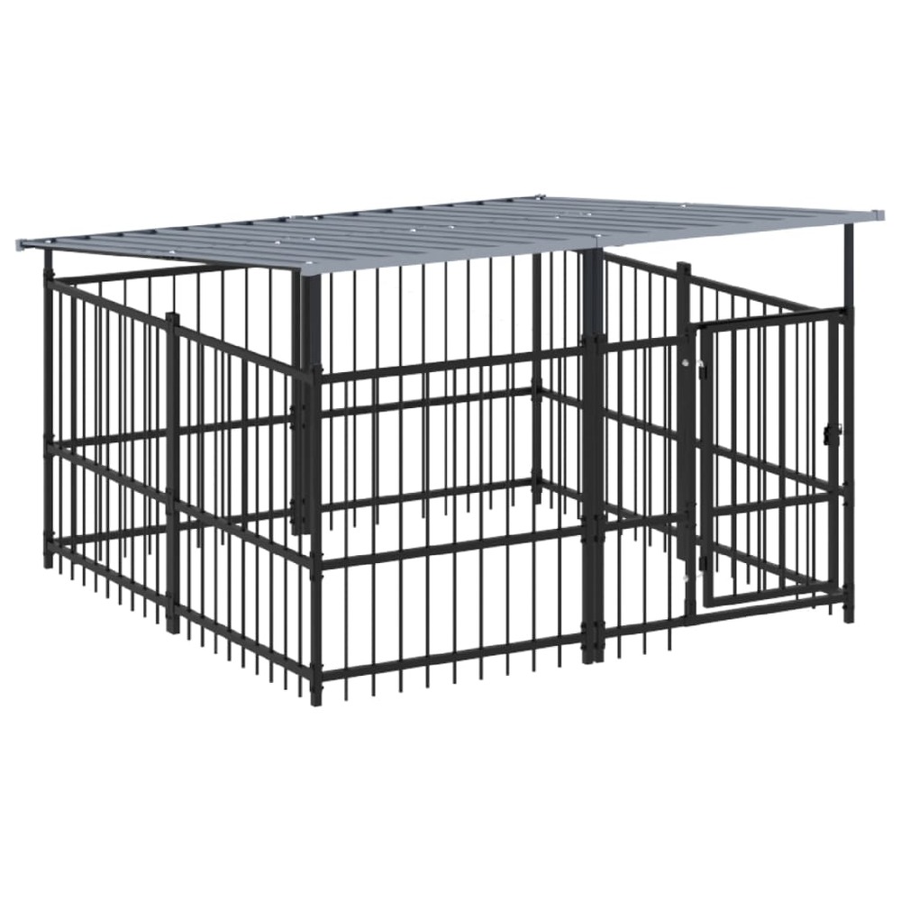Chenil cage enclos pac animaux d'extérieur avec toit pour chiens acier 3,75 m² noir