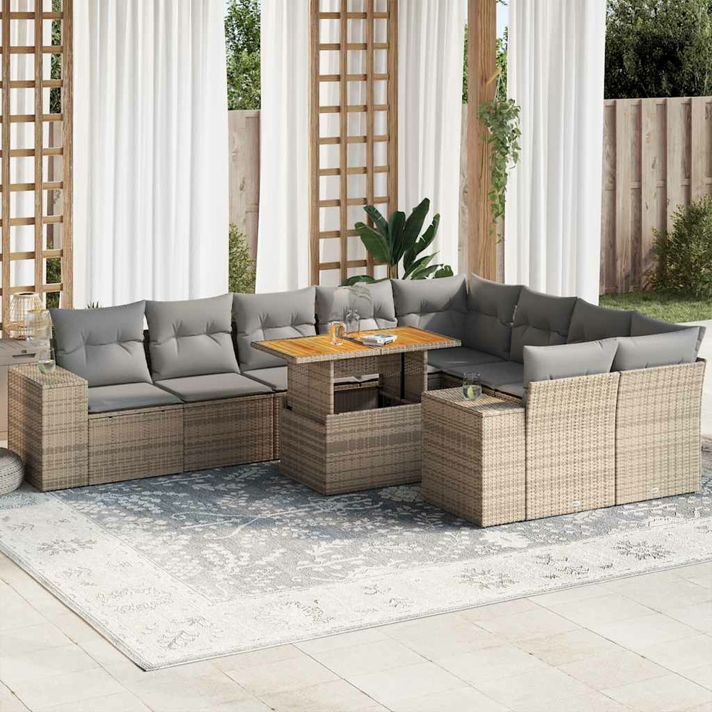 Salon de jardin avec coussins 10pcs beige résine tressée acacia