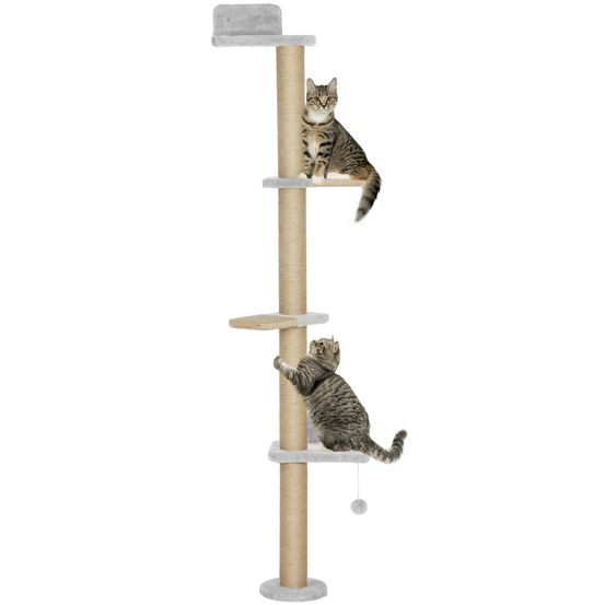 Arbre à chat mural 5 niveaux gain de place avec griffoir sisal et jouet suspendu gris clair 180 cm