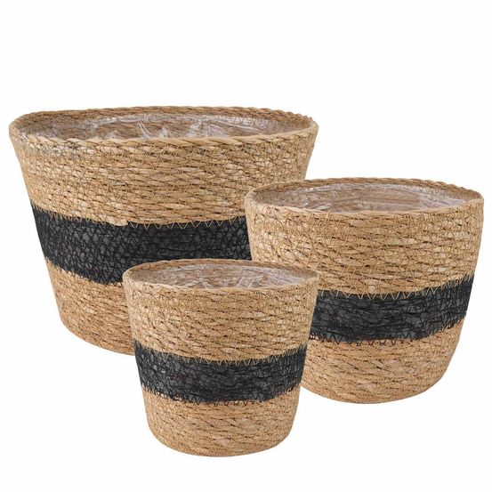 Plant pot 3 pc naturel et noir ø26 x 19 cm 100 % herbe de mer