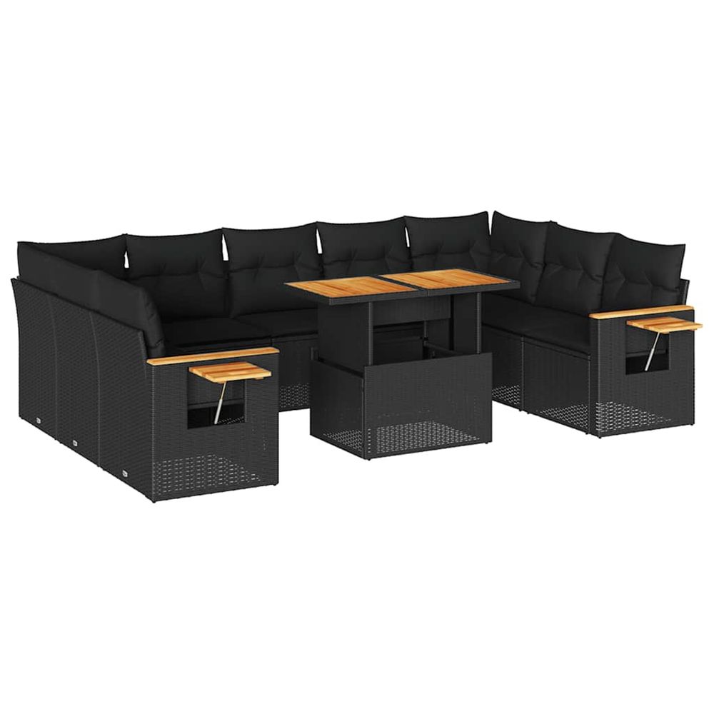 Salon de jardin 10 pcs avec coussins noir résine tressée acacia