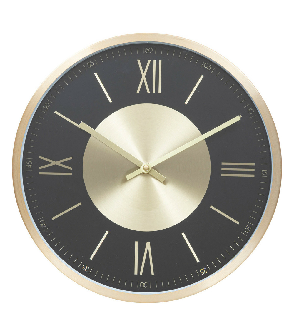 Pendule murale en aluminium doré et verre d 30.4 cm