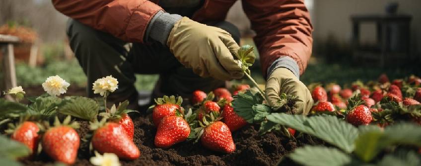 Un jardinier appliquant un engrais à libération lente aux fraisiers au début du printemps.