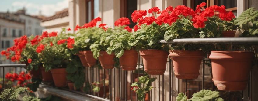 géraniums aux couleurs vives florissant sur un balcon ensoleillé, démontrant une plantation et un entretien réussis.