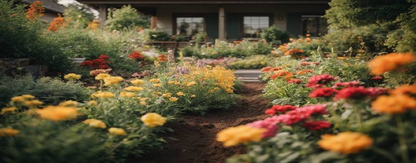 Massif jardin fleuri aux multiples couleurs et textures, disposé avec une harmonie qui souligne la beauté et le design du jardin.