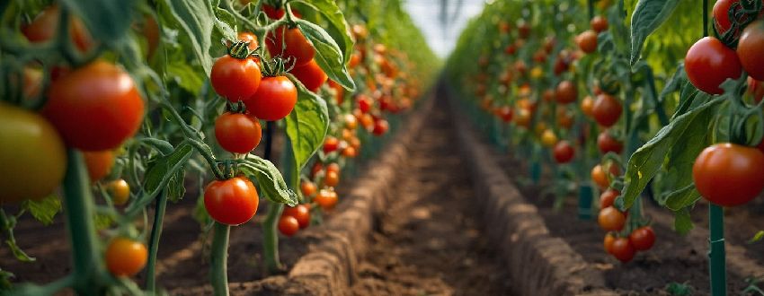 Champ de tomate alignée à la récolte abondante