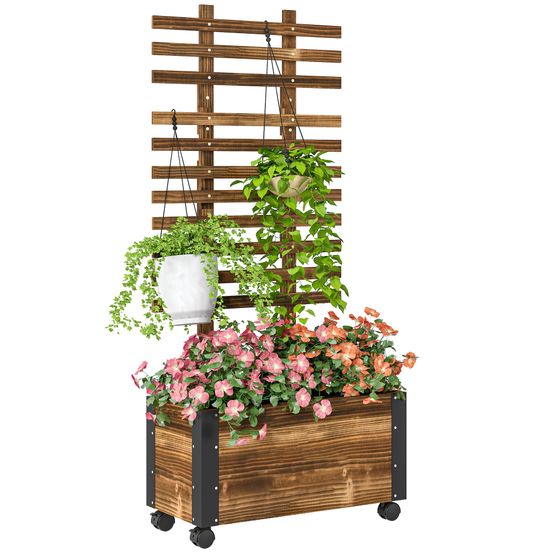Jardinière mobile en bois avec treillis et roulettes pour plantes grimpantes 65x31cm carbonisé
