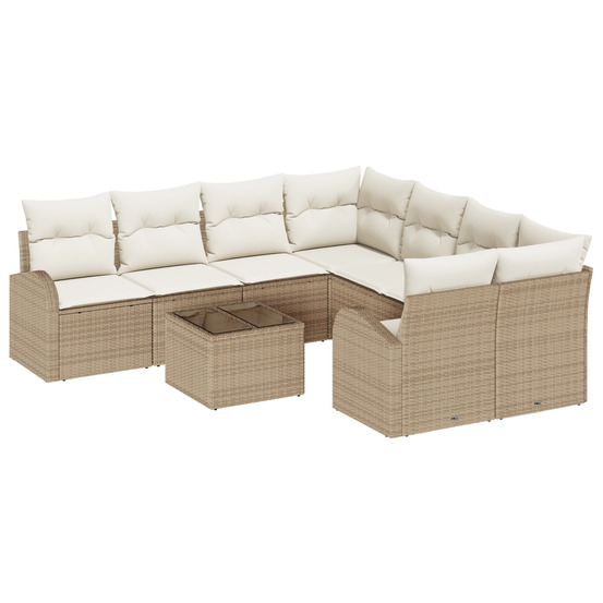 Ensemble de canapés de jardin 9 pièces avec coussins beige poly rattan
