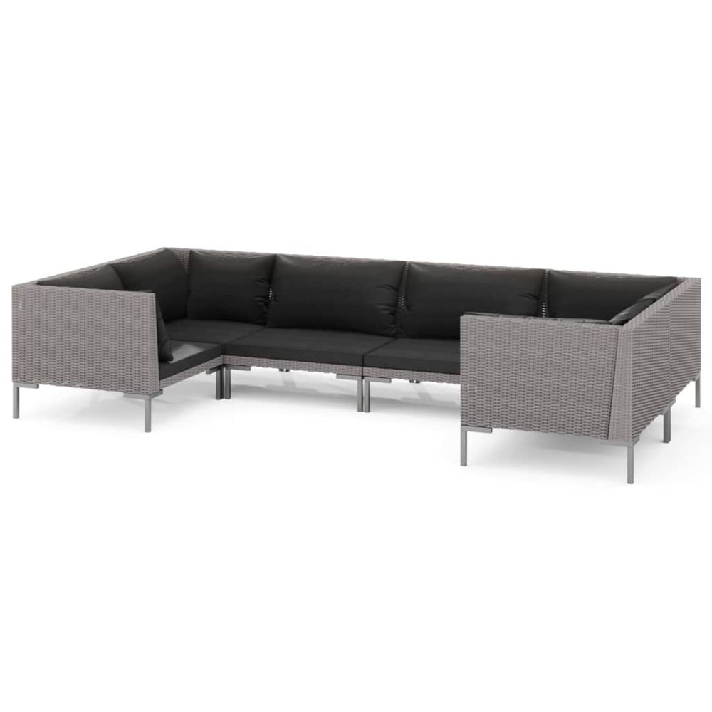 Salon de jardin 6 pcs avec coussins résine tressée gris foncé