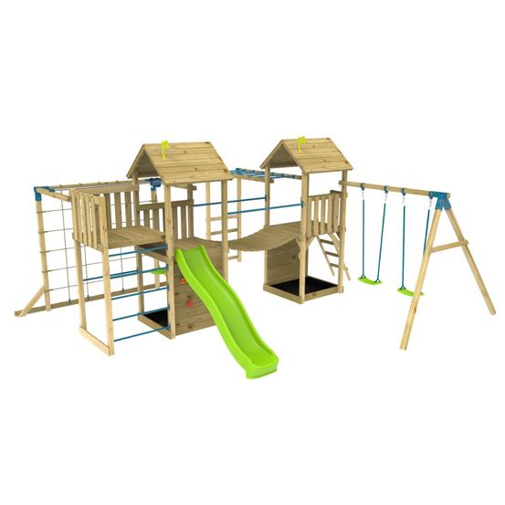 Aire de jeux XXL Camélée Skywood : toboggan, tyrolienne, double tour, pont de singe, balançoires, filet, mur d’escalade, bois FSC®
