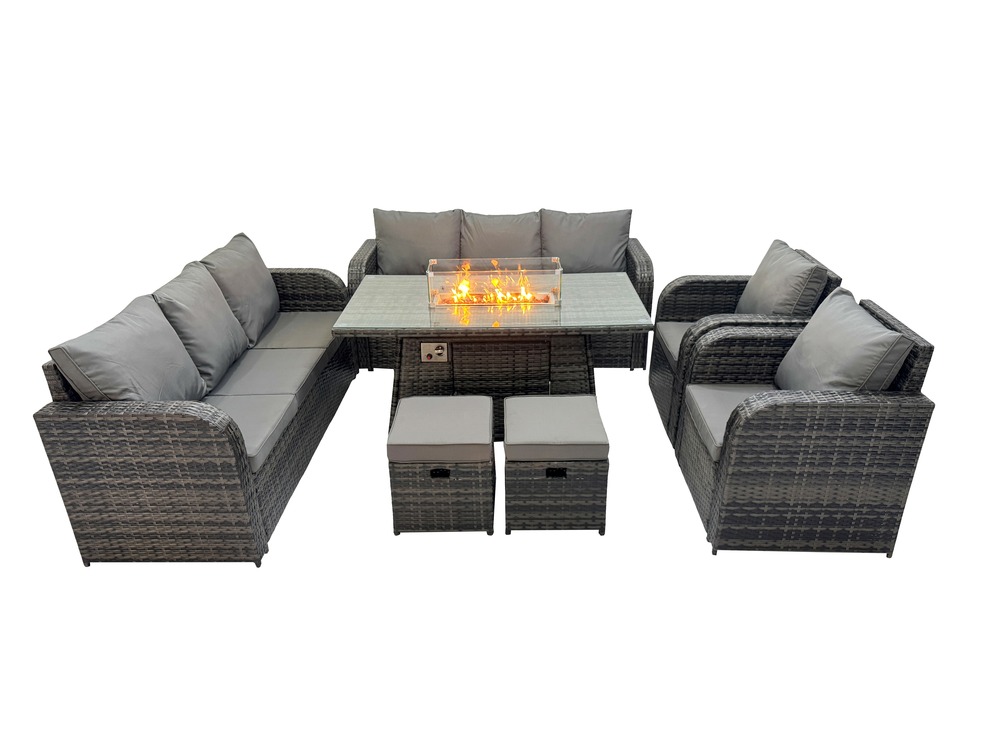 Ensemble salon de jardin extérieur en polyrotin table de foyer à gaz et canapé fauteuil avec 2 petits tabourets