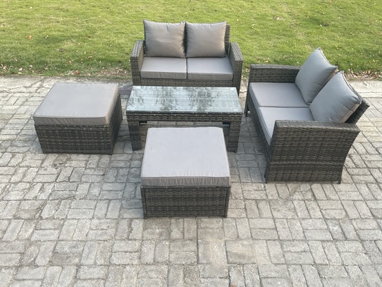 5 pièces ensemble de meubles de jardin en rotin ave 2 grand tabouret canapé gris foncé