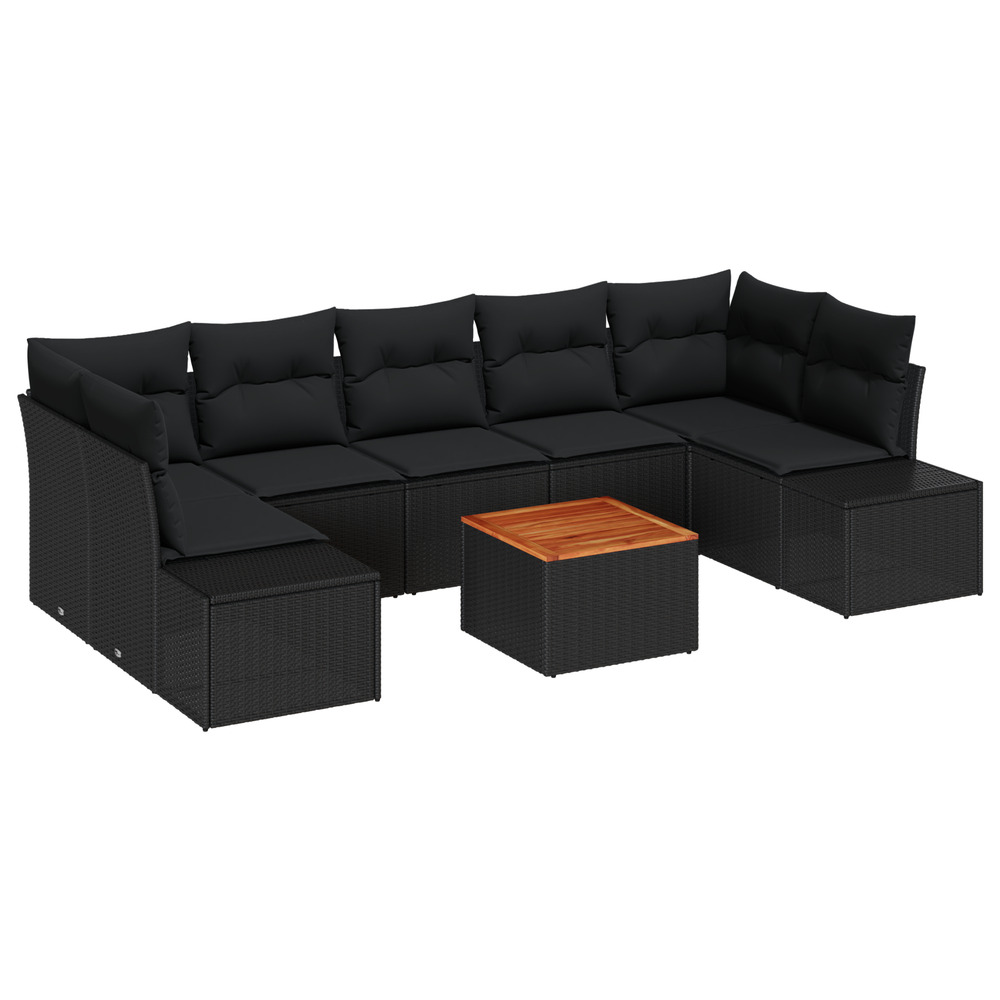 Set de canapé de jardin 8 pièces avec coussins noir poly rattan acacia