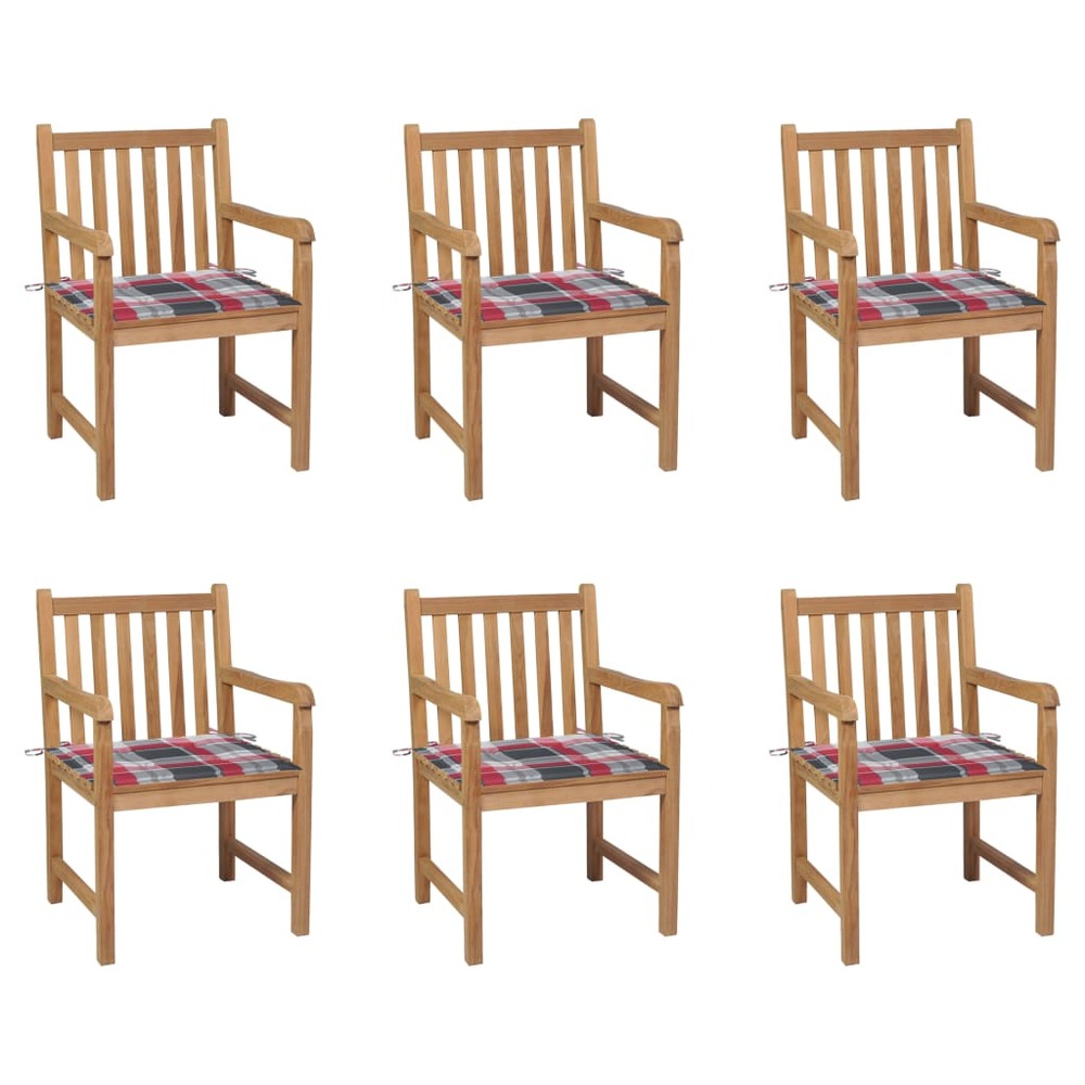 Chaises de jardin lot de 6 et coussins carreaux rouge bois teck