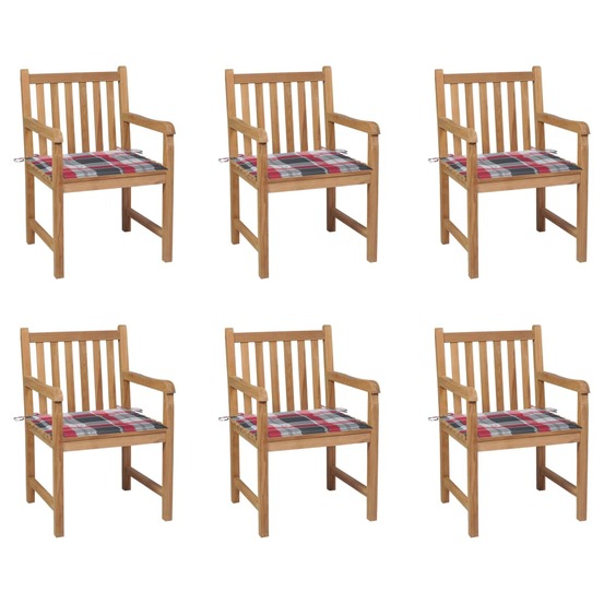 Chaises de jardin lot de 6 et coussins carreaux rouge bois teck
