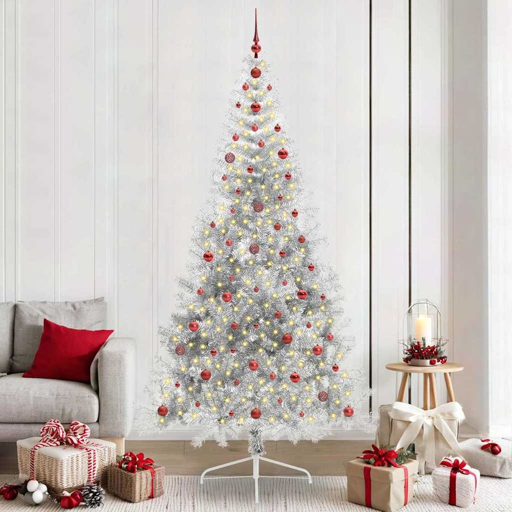 Kit sapin de noël moderne argenté tout-en-un 240 cm, avec 300 led blanc chaud et 120 boules