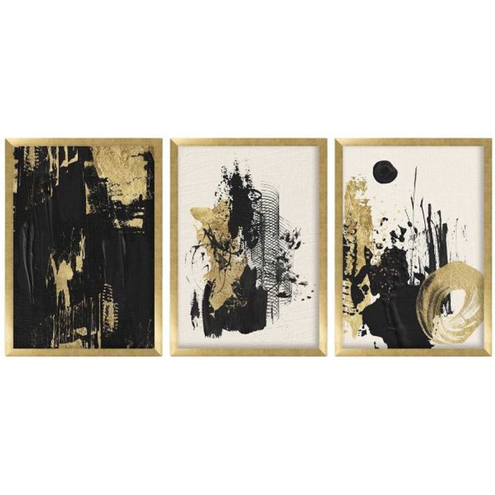 Ensemble de 3 tableaux décoratifs abstrait noir et doré