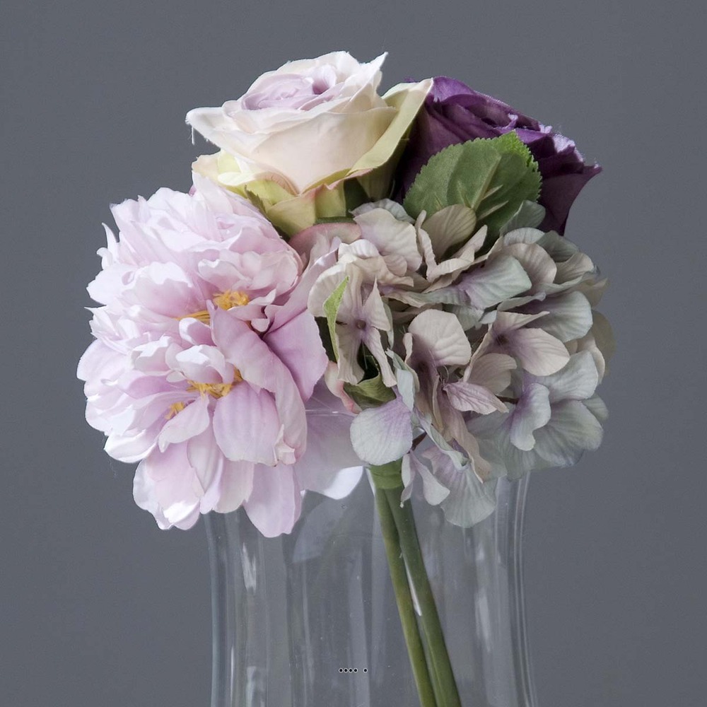 Bouquet de roses et hortensias artificielles lavande 4 têtes d 20 cm - couleur: