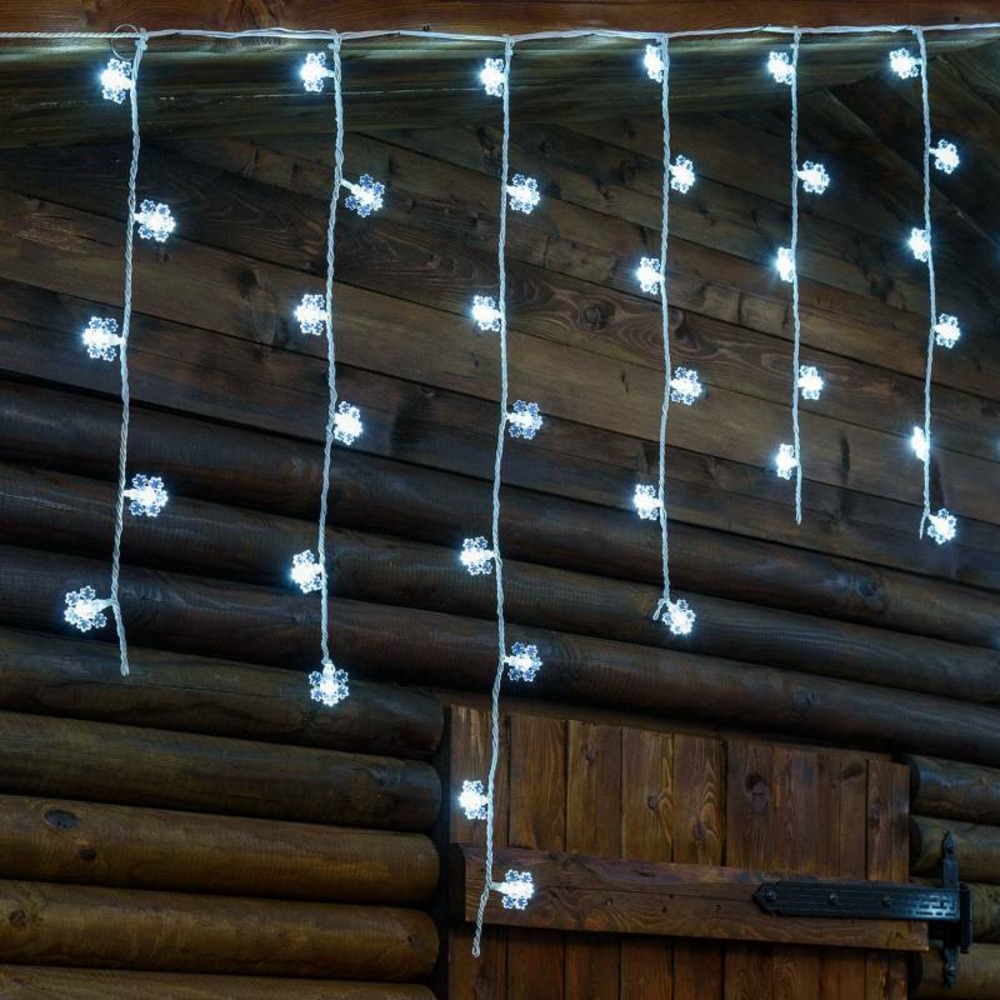 Guirlande stalactites flocons de neige h1m 136 led blanc froid haute luminosité 8 modes câble blanc