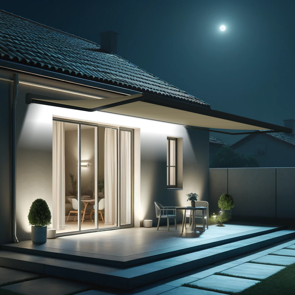 Store banne coffre intégral soa 6,00x3,50 m (motorisé secours à télécommande + led - gris anthracite stucturé ral7016st - écru)