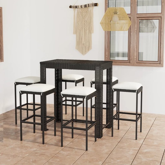Ensemble de bar de jardin 7 pcs et coussins résine tressée noir