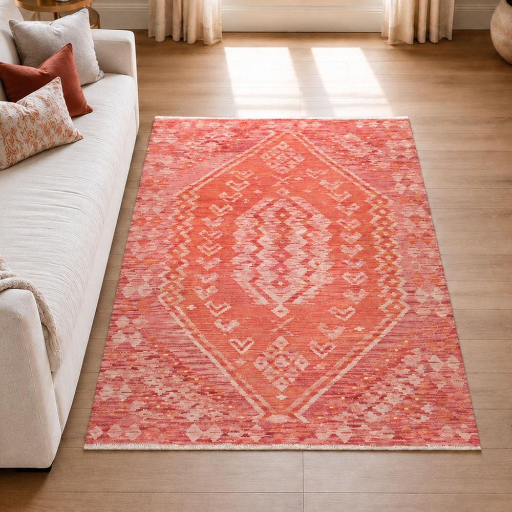 Tapis berbère 105 x 146 cm, rouge, orange et rose, laine naturelle, kilim 94