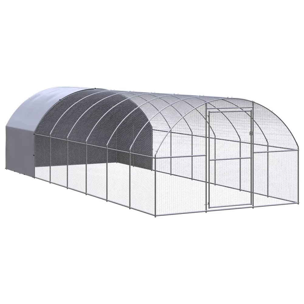 Poulailler enclos cage poules d'extérieur 3 x 8 x 2 m acier galvanisé argent