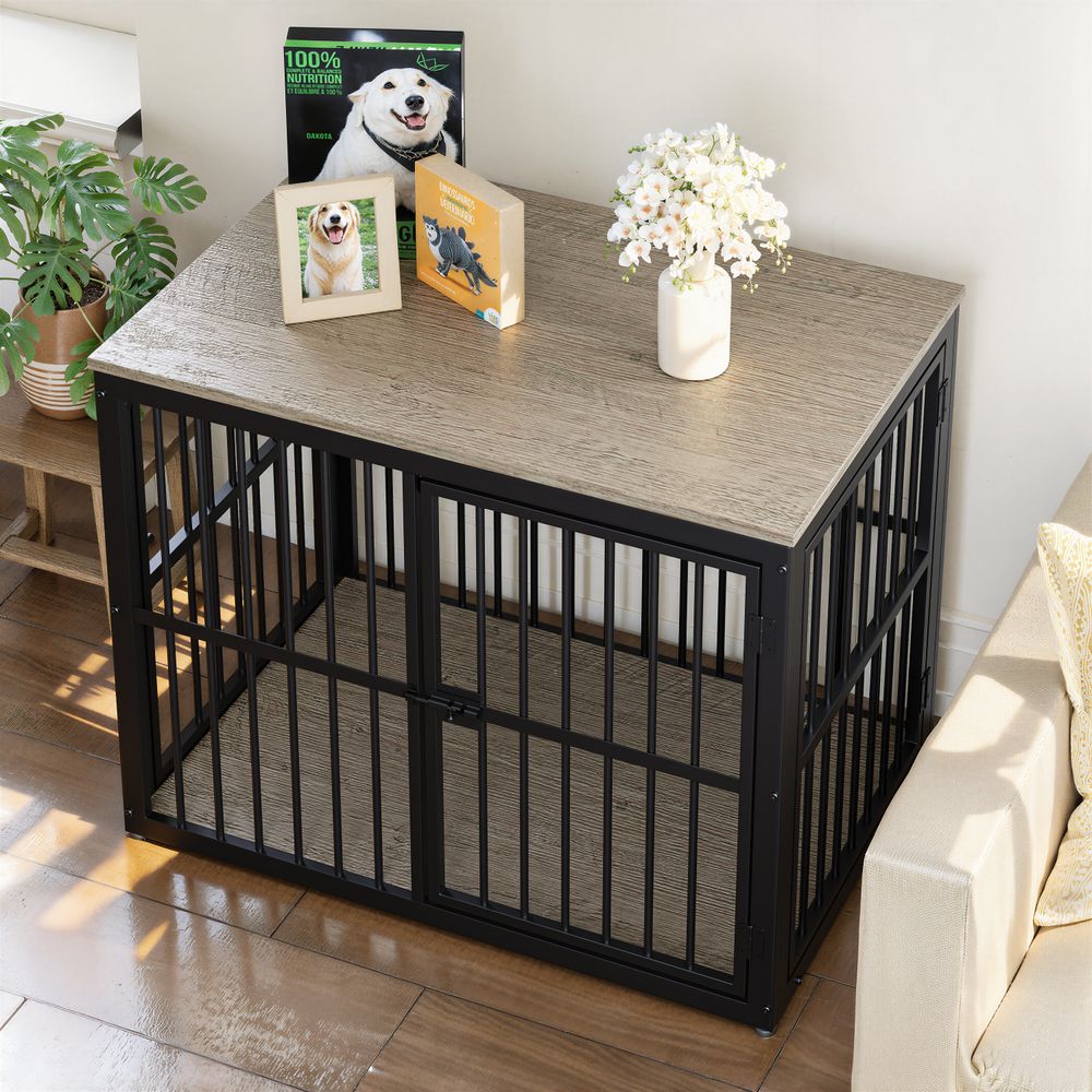 Cage pour chien meuble bois et métal 84 x 56 x 66 cm gris 3 portes modulable table d’appoint et niche intérieure