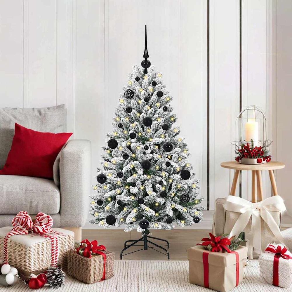 Sapin de noël artificiel floqué 1,20 m, kit décoration effet neige avec lumières led