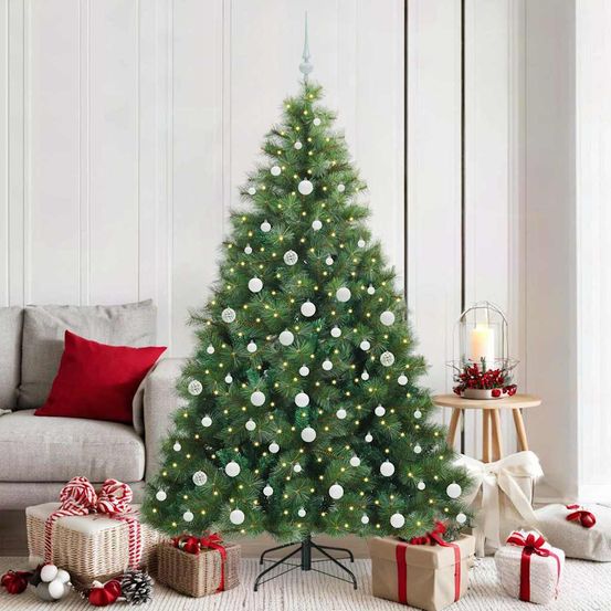 Arbre de noël lumineux 180cm tout-en-un, pré-illuminé 300 led blanc chaud et 120 décorations