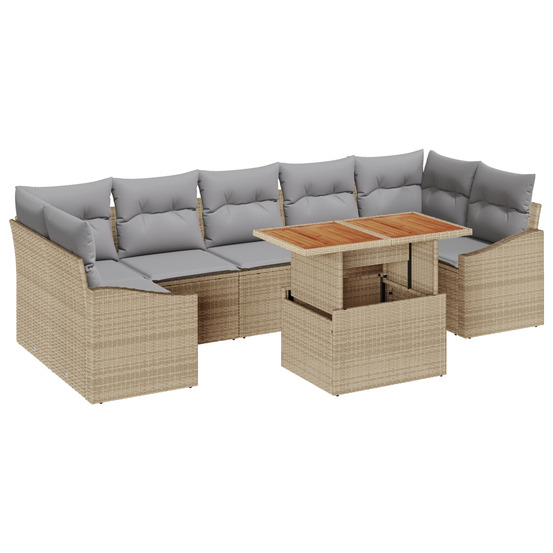 Ensemble de salle à manger de jardin 8 pièces avec coussins beige poly rotin acacia